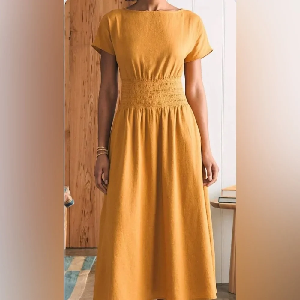 Faherty Coast to Coast Midi Dress Smocked Waist Cotton Honey Mustard Size M NWT - Picture 14 of 14